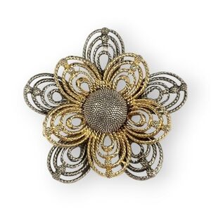 Vintage Flower Brooch Layered Petal Textured Two Tone Gold Silver Tone 2 3/8"